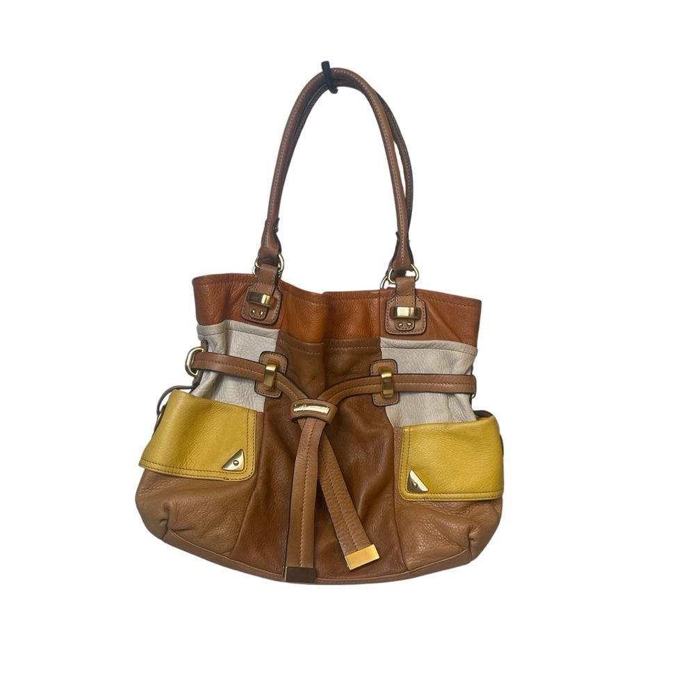 B. Makowsky Vintage Y2K Boho Colorblock Pebbled Leather Drawstring Bucket Bag